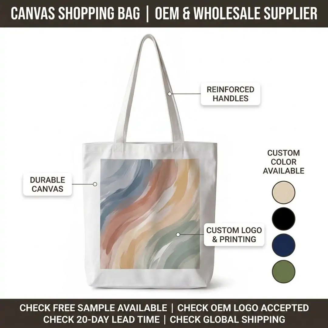 Custom canvas shopping bag 35x10x40cm with reinforced handles