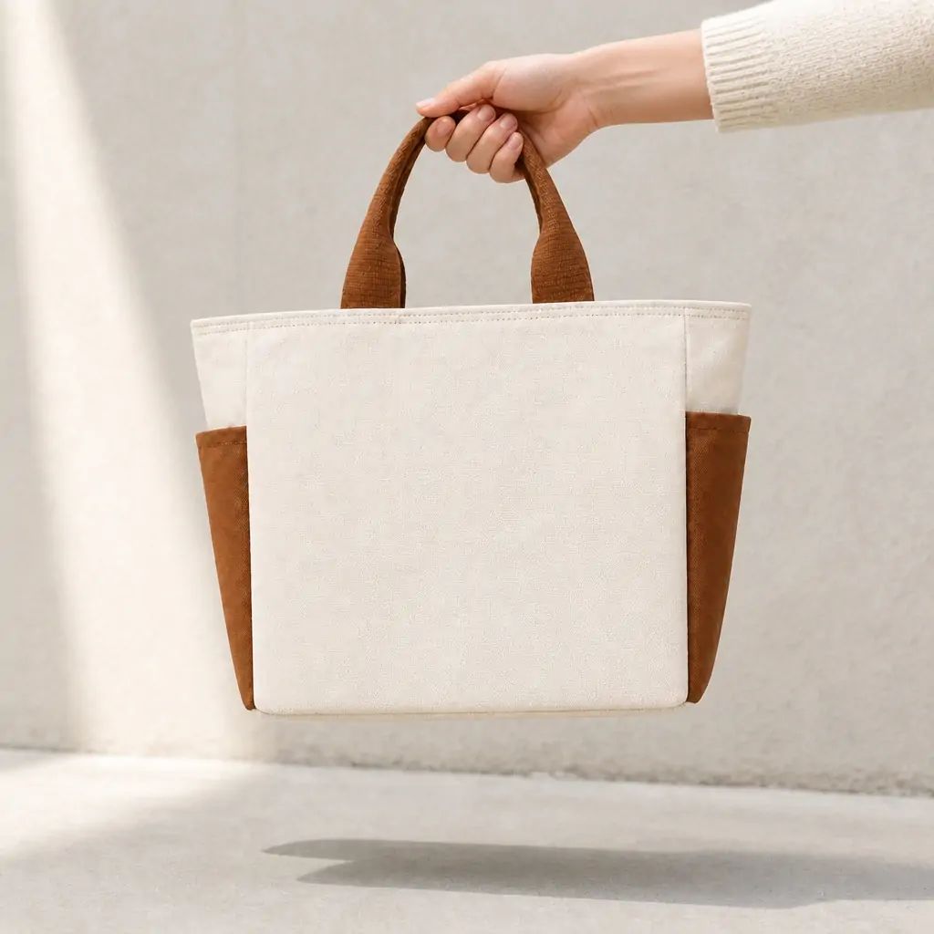 Natural off-white canvas tote bag 36x10x27cm with brown contrast handles, two side pockets and a blank printable front panel