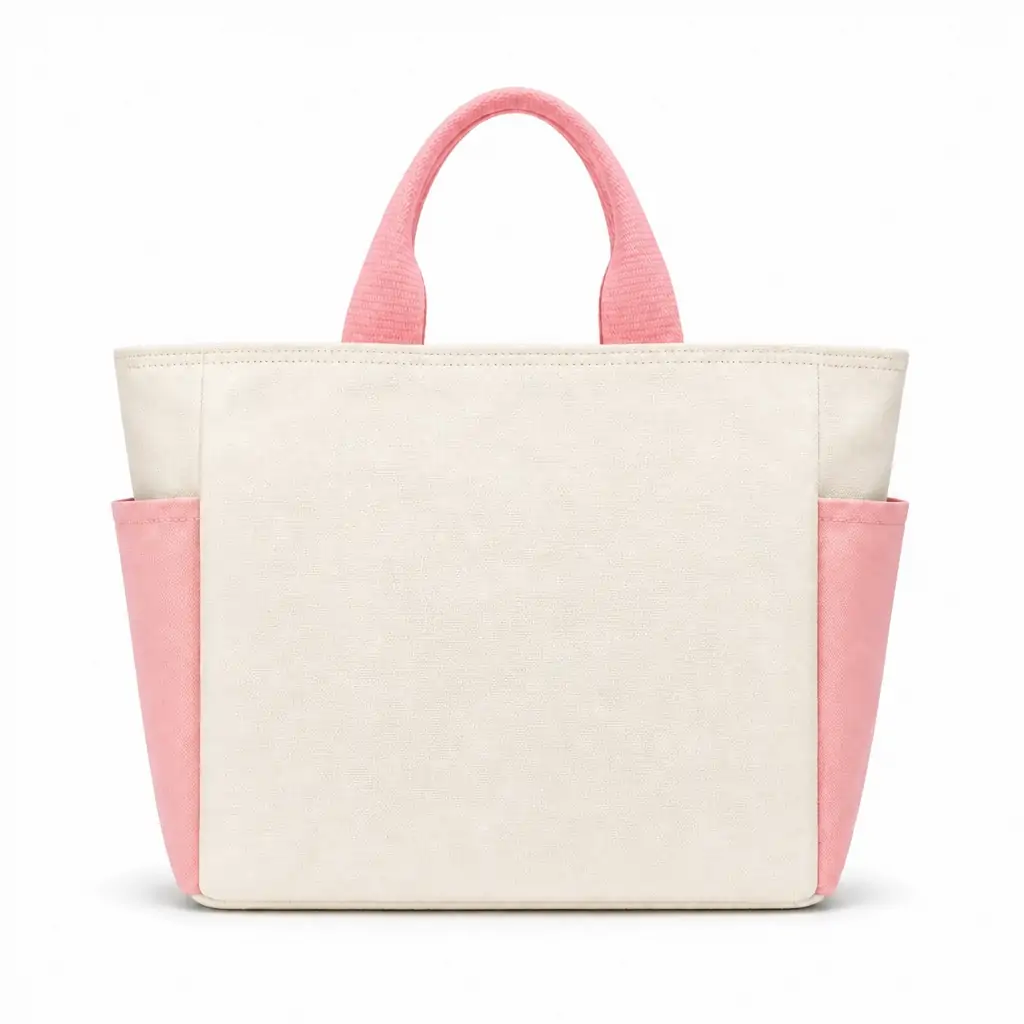 Natural off-white canvas tote bag 36x10x27cm with brown contrast handles, two side pockets and a blank printable front panel