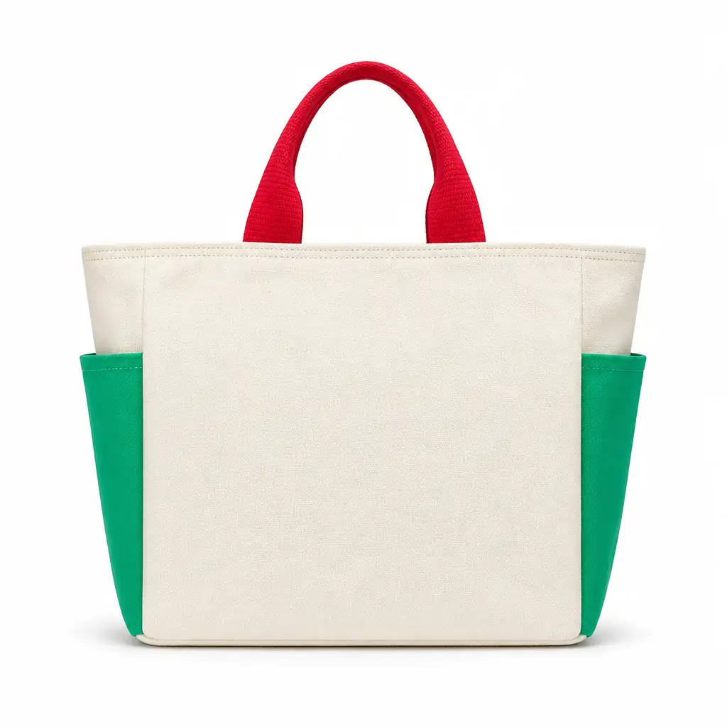 Natural off-white canvas tote bag 36x10x27cm with brown contrast handles, two side pockets and a blank printable front panel