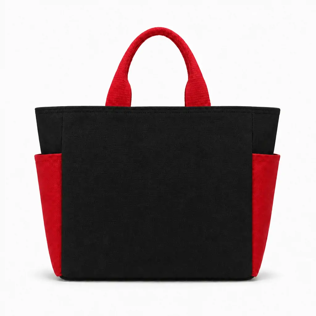 Natural off-white canvas tote bag 36x10x27cm with brown contrast handles, two side pockets and a blank printable front panel