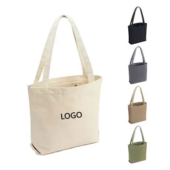Custom Zippered Canvas Shopping Tote with Front Pocket