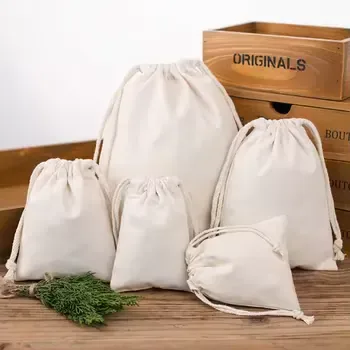 Beige Canvas Packaging Drawstring Pouch