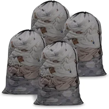 Large Black Mesh Drawstring Laundry Bag