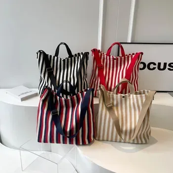 Large Striped Cotton Canvas Shoulder Tote