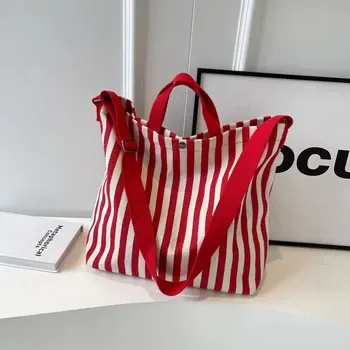Large Striped Cotton Canvas Shoulder Tote