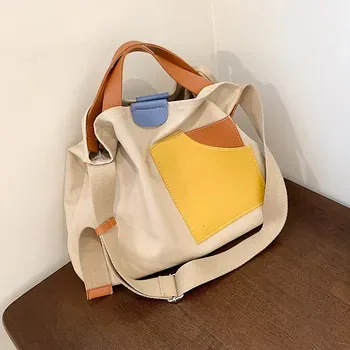 Contrast-Panel Canvas Shopping Tote