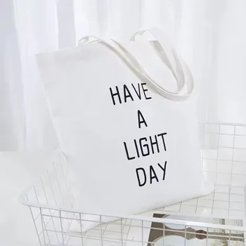 Letter-Print Canvas Shoulder Shopping Bag