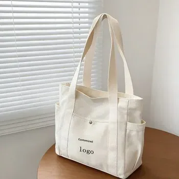 Custom Zippered Canvas Shopping Tote with Multiple Pockets