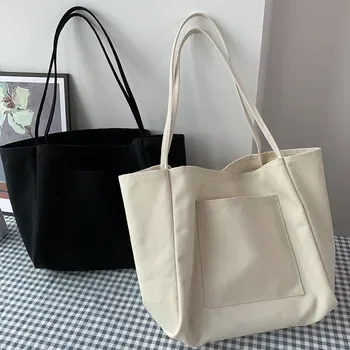 Custom Black Canvas Shopping Tote with Front Pocket