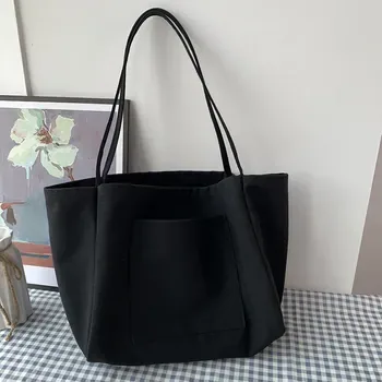 Custom Black Canvas Shopping Tote with Front Pocket