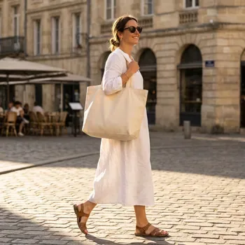 Beige and Black Canvas Grocery Shoulder Tote