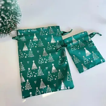 Custom Christmas-Print Silk Drawstring Gift Bag