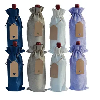 Ten-Piece Linen Wine Bottle Drawstring Bag Set