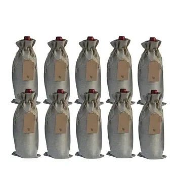 Ten-Piece Linen Wine Bottle Drawstring Bag Set
