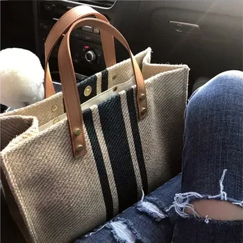 Custom Waterproof Striped Canvas Shopping Tote