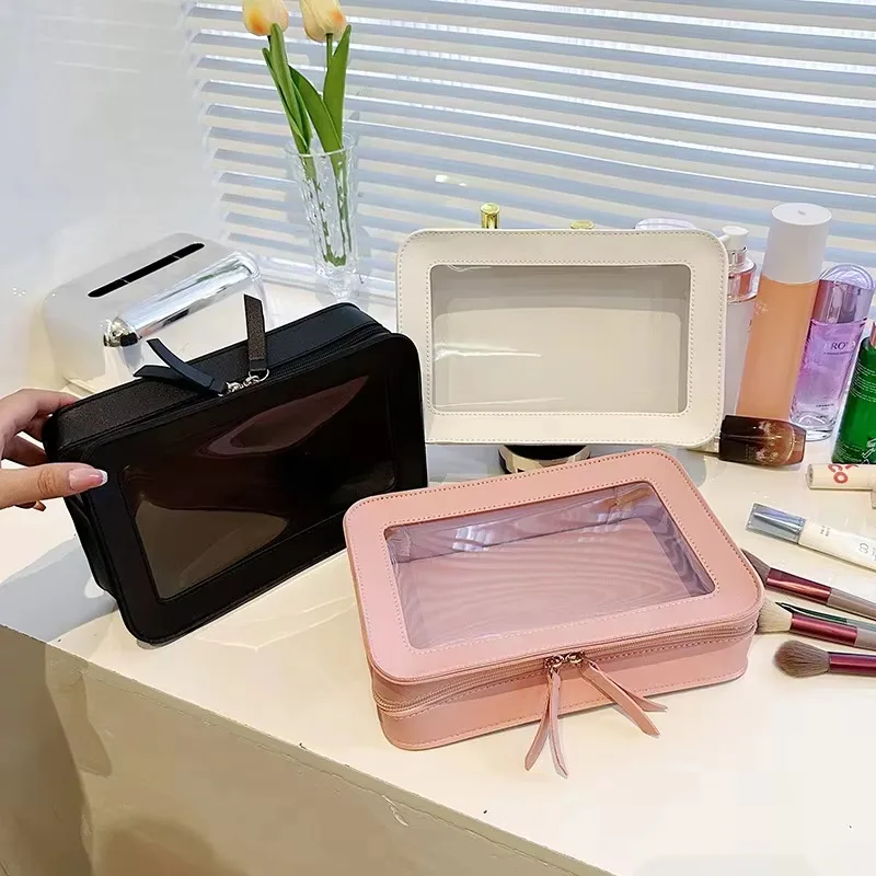 Transparent PVC cosmetic clutch bag with zipper closure