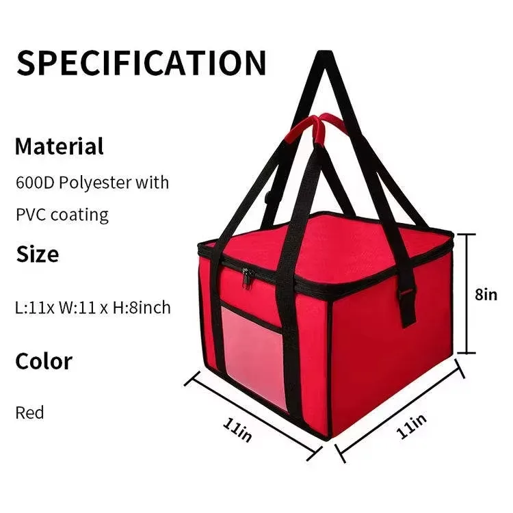 Red insulated food delivery cooler bag with handles and zipper closure