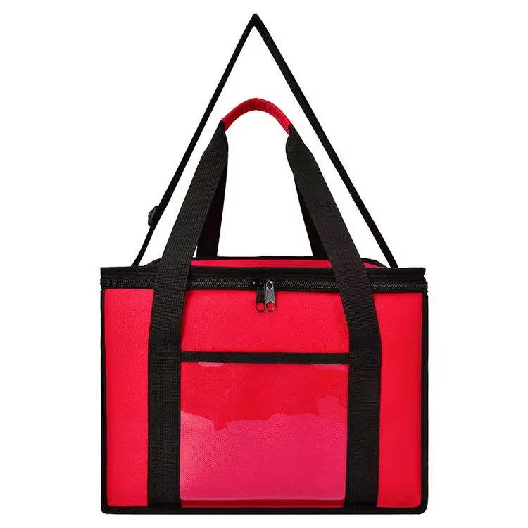 Red insulated food delivery cooler bag with handles and zipper closure