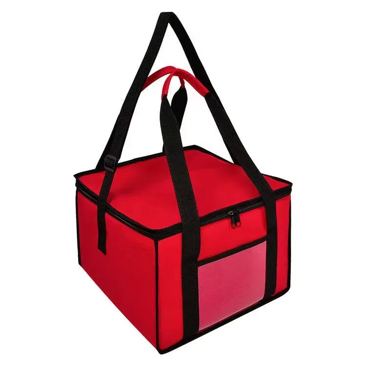 Red insulated food delivery cooler bag with handles and zipper closure