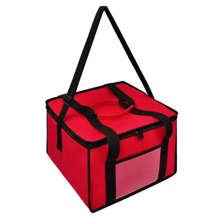 Red insulated food delivery cooler bag with handles and zipper closure