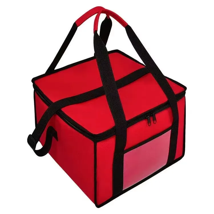 Red insulated food delivery cooler bag with handles and zipper closure
