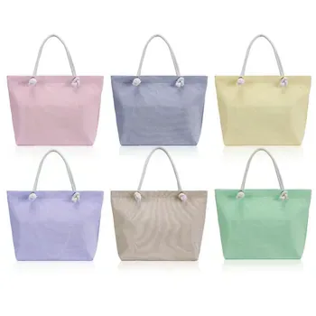 Coated Striped Canvas Zipper Tote with Pockets
