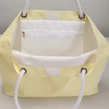 Coated Striped Canvas Zipper Tote with Pockets