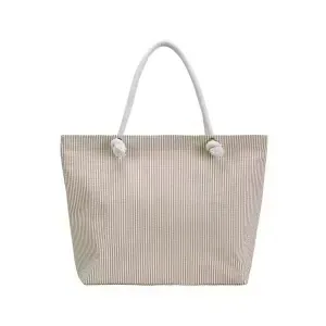 Coated Striped Canvas Zipper Tote with Pockets