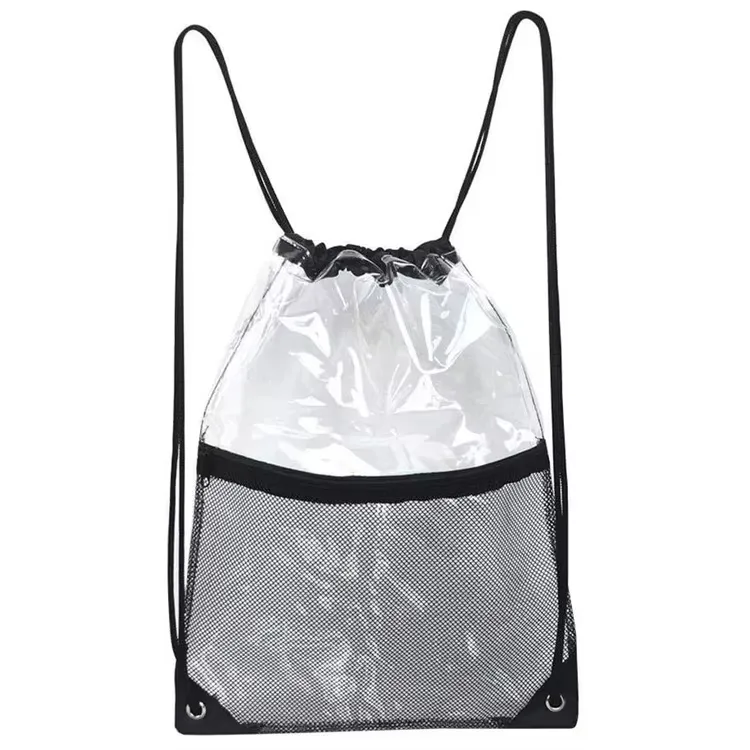 Clear PVC stadium backpack with drawstring closure and black trim