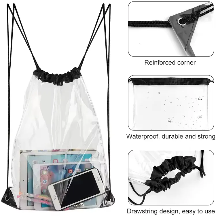 Clear PVC stadium backpack with drawstring closure and black trim