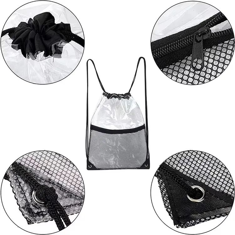 Clear PVC stadium backpack with drawstring closure and black trim