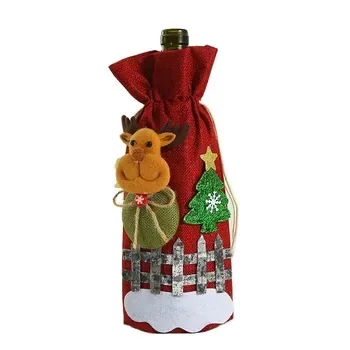 Custom Drawstring Christmas-Print Red Canvas Wine Bottle Bag