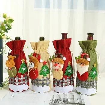 Custom Drawstring Christmas-Print Red Canvas Wine Bottle Bag