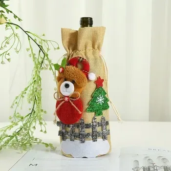 Custom Drawstring Christmas-Print Red Canvas Wine Bottle Bag