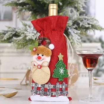 Custom Drawstring Christmas-Print Red Canvas Wine Bottle Bag