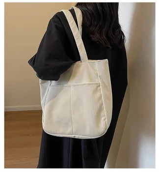 Corduroy Shoulder Tote Bag with Pocket