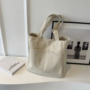 Corduroy Shoulder Tote Bag with Pocket