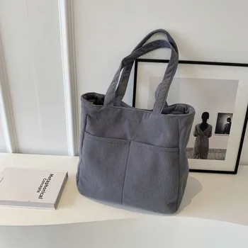 Corduroy Shoulder Tote Bag with Pocket