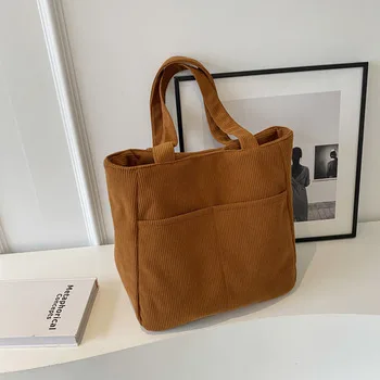 Corduroy Shoulder Tote Bag with Pocket