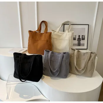 Corduroy Shoulder Tote Bag with Pocket