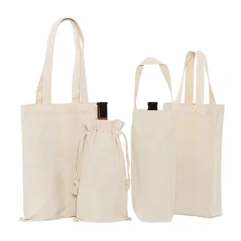 Lined Cotton Wine Bottle Drawstring Bag