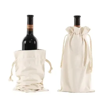 Lined Cotton Wine Bottle Drawstring Bag