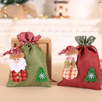 Custom Christmas-Print Red Canvas Drawstring Gift Bag