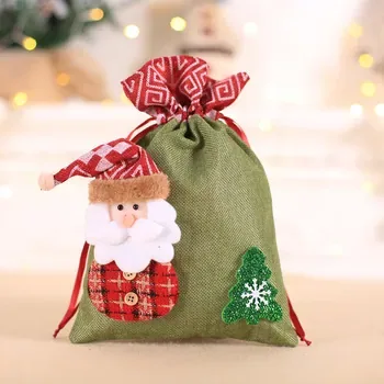 Custom Christmas-Print Red Canvas Drawstring Gift Bag