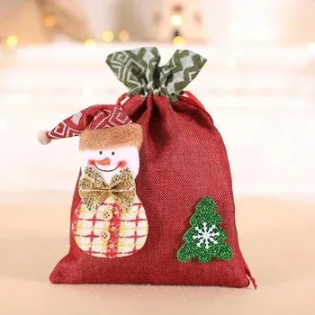 Custom Christmas-Print Red Canvas Drawstring Gift Bag