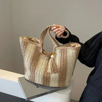 Custom Striped Straw Shopping Tote