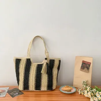 Custom Striped Straw Shopping Tote