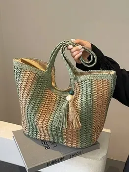 Custom Striped Straw Shopping Tote