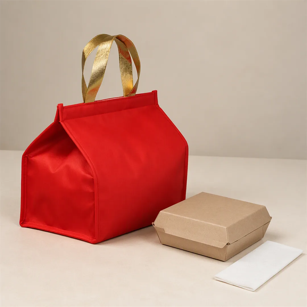 Red non-woven insulated lunch tote bag with handles and zipper closure